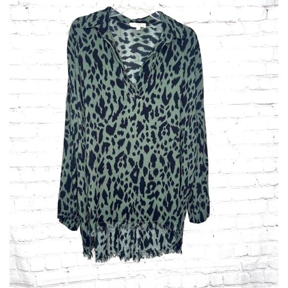 Umgee Wms XL Wild About You Green Leopard Print Tunic Blouse Raw Edge Hem - Picture 1 of 8